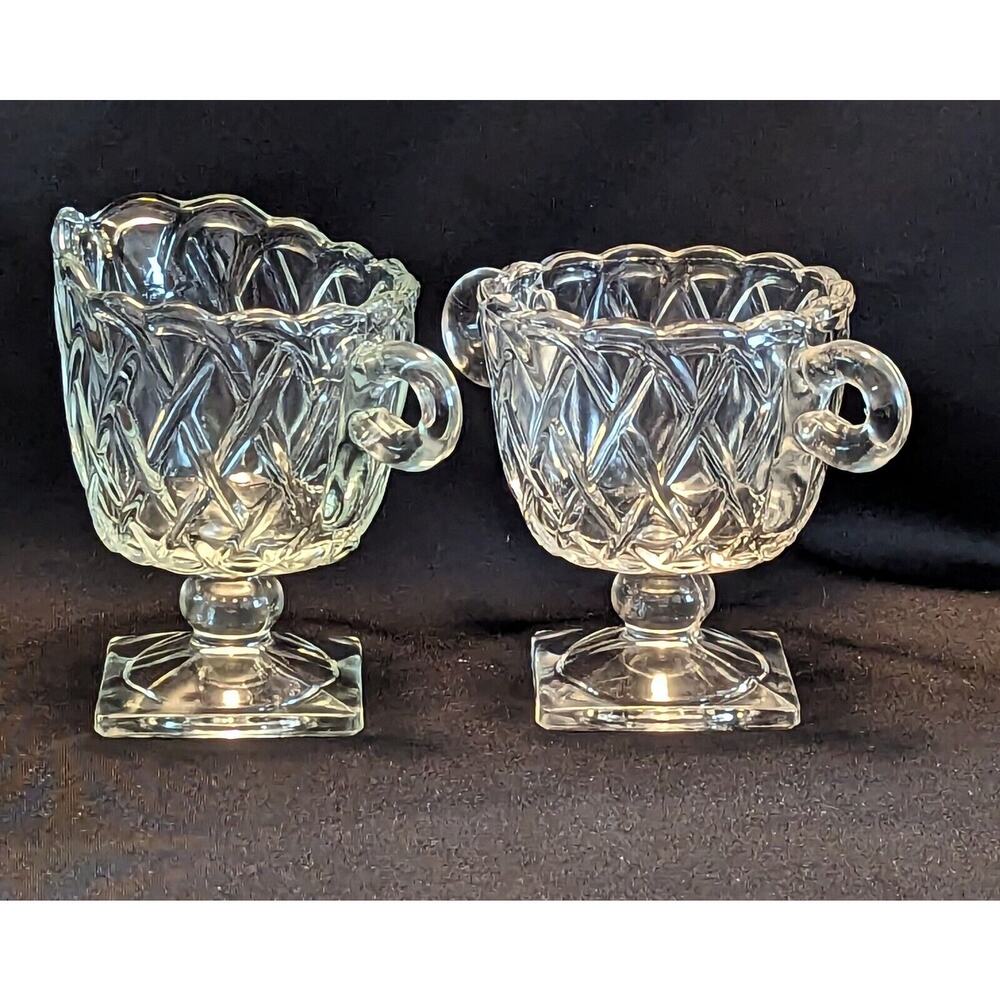 Vtg Indiana Glass Co Clear Glass Footed Sugar and Creamer Set Pretzel Pattern